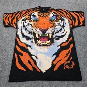Vintage 1995 Liquid Blue Tiger All Over Print Graphic T-Shirt John‎ Connell COA